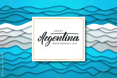 Vector realistic isolated greeting card with lettering and paper cut layer flag design for Argentina Independence Day.