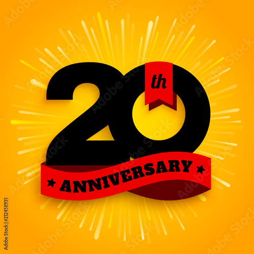 Twenty years anniversary logo with red ribbon, 20th years celebration. Fireworks on yellow background. Vector.