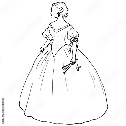 Romantic female silhouette in a ball gown with fan. Lovely contour of a young woman in antique style in dress with fluffy skirt for coloring book pages, banners, covers. Bride, princess, lady figure