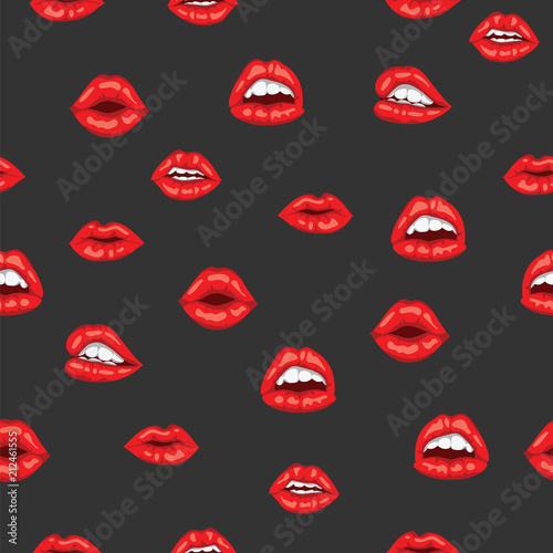 Red woman lips with smile on black background. Pattern sensual female mouth with white toothed smile. Seamless pattern beautiful woman lips with red lipstick.