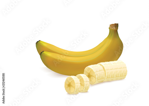 Realistic illustration of banana, whole and sliced peeled. Isolated on white background