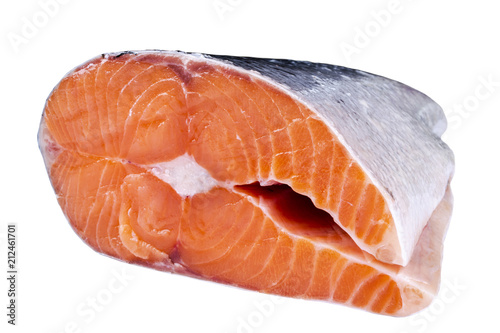Fresh salmon steak isolated on the white background. Salmon Red Fish Steak. Large Pile of salmon steak. Big organic steaks of salmon lined up. Big pieces raw salmon.