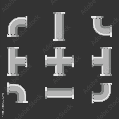 Pipes and tubes different types for water, gas and oil vector art. Set tube for plumbing and piping work. Details and connectors industrial pipes and tube vector illustration.