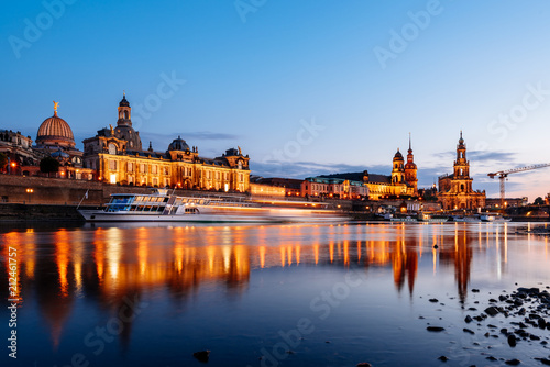 Dresden, Germany - July 6, 2018: Dresden Old Town architecture with Elbe river embankment at night,  Saxony, Germany.