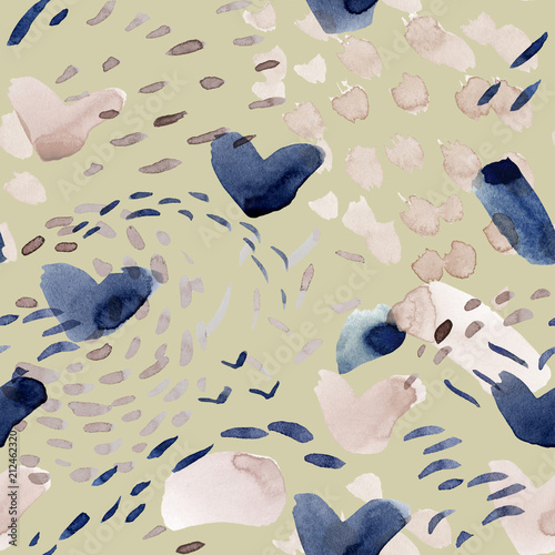 Beige seamless pattern illustration with watercolor dark blue and pink spots and blemishes. Will be good for decor a postcard  posters  gift decor  wrapping paper  gift boxes  fabric and etc.