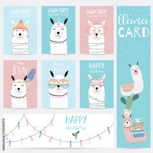 Blue pink hand drawn cute card with llama,glasses and hat