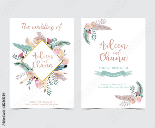 Geometry gold wedding invitation card with flower,leaf,ribbon,wreath and frame
