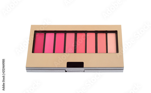 Close new lipstick colorful vivid palette. Cosmetics kit for lip makeup. Lip gloss and balm in one box isolated on white background. Red pink nude color selection. View from top