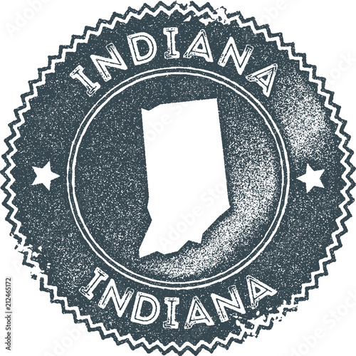 Indiana map vintage stamp. Retro style handmade label, badge or element for travel souvenirs. Dark blue rubber stamp with US state map silhouette. Vector illustration.