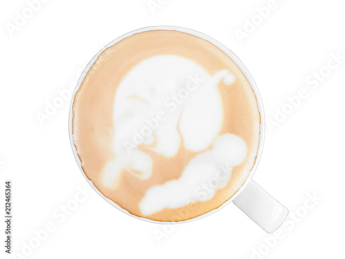 Hot coffee latte art isolated white background.