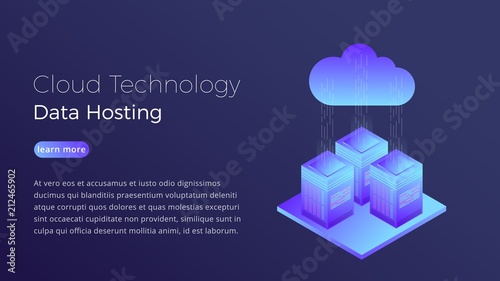 Cloud technology. Data hosting cloud server isometric concept. Modern cloud hosting hero image design