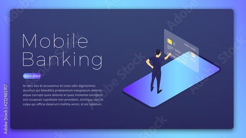 Mobile banking. Mobile bank app isometric concept. Online banking hero image design