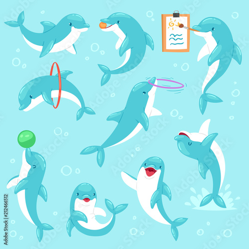 Dolphin vector seafish character drawing or playing undersea and dolphinfish illustration sealife set of blue fish in dolphinarium isolated on sea background