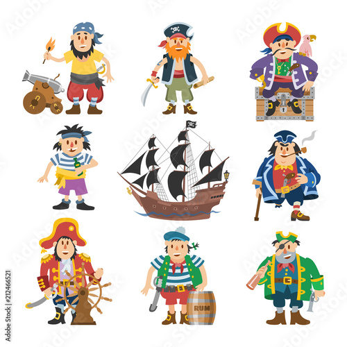 Pirate vector piratic character buccaneer man in pirating costume in hat with sword illustration set of piracy sailor person and ship or sailboat isolated on white background