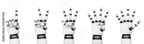 Five poses of robot hand showing different numbers from one to five