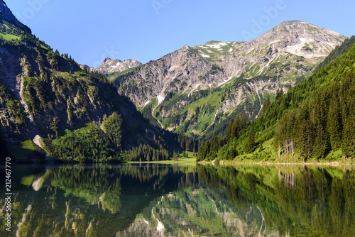 Scenic view Of Lake Vilsalpsee and mountains against sky, Tannheimer Valley, Tyrol, Austria