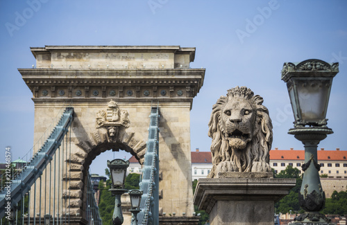 Bridge above Danube in Budapest, Hungary, with statues of Lions