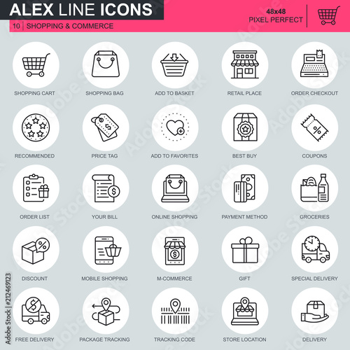 Thin line online shopping and e-commerce icons set for website and mobile site and apps. Contains such Icons as Basket, Delivery, Price Tag. 48x48 Pixel Perfect. Editable Stroke. Vector illustration.