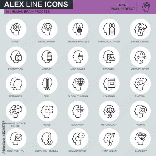 Thin line human brain process, features and emotions icons set for website and mobile site and apps. Contains such Icons as Target, Skill. 48x48 Pixel Perfect. Editable Stroke. Vector illustration.