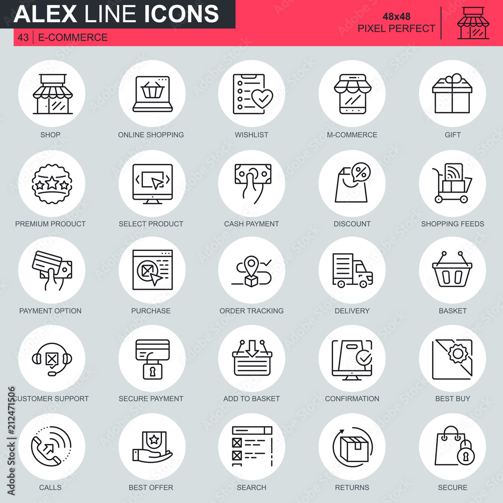 Thin line e-commerce and shopping icons set for website and mobile site and apps. Contains such Icons as Payment, Basket, Customer, Shop. 48x48 Pixel Perfect. Editable Stroke. Vector illustration.