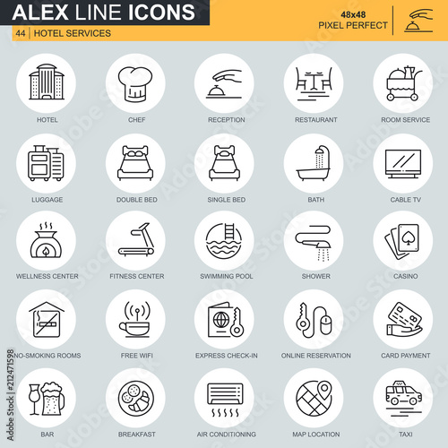 Thin line hotel services icons set for website and mobile site and apps. Contains such Icons as Luggage, Reception, Room Services. 48x48 Pixel Perfect. Editable Stroke. Vector illustration.