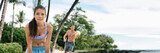 Beach volley ball friends team woman and man playing volley ball banner panorama. Summer outdoor activity. Young people having fun in the sun living healthy active sports lifestyle.