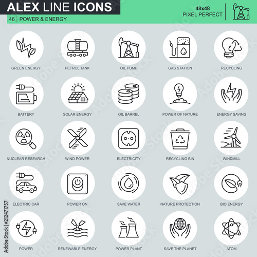 Thin line power industry and energy icons set for website and mobile site and apps. Contains such Icons as Recycling, Petrol Tank, Oil Pump. 48x48 Pixel Perfect. Editable Stroke. Vector illustration.
