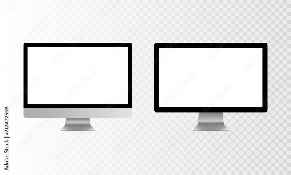 Stock vector illustration realistic set personal desktop computer, PC. Modern flat screen monitor. Computer display isolated on a transparent checkered background. White screen mock-up EPS10