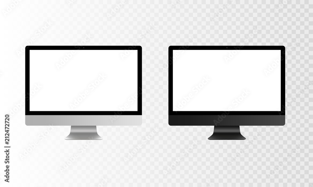 Stock vector illustration realistic set personal professional desktop computer, PC. Modern flat screen monitor. Computer display isolated on a transparent background. White screen mock-up EPS10 Stock vector illustration realistic set personal professional desktop computer, PC. Modern flat screen monitor. Computer display isolated on a transparent background. White screen mock-up EPS10