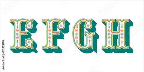 Folk ornament font Alphabet E F G H for your design. Isolated characters. Vector design element for your art. Ornamental typescript, vintage design lettering.