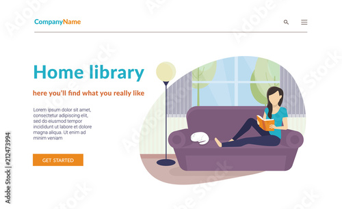 Woman sitting at home on the sofa and reading a book. Flat concept vector website template and landing page design of home library or distance learning sevices and educational startup