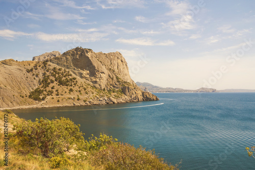 View of the mountain, the Bay on the Black sea and the mountains in the distance, on the horizon.