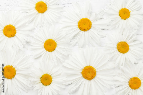 Garden chamomile flowers on wooden background