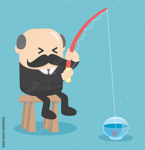  Business Concept Cartoon  fishing in the empty fish tank .worthless.Useless