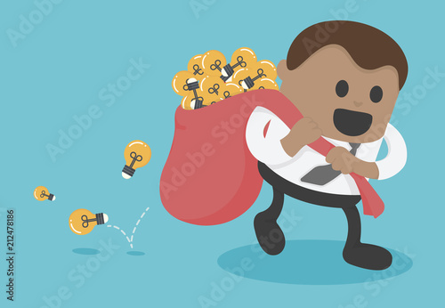 Business Concept Cartoon African businessman entrepreneurs succeeding in business. good idea  bag with shining idea light bulbs