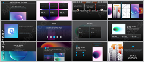 Minimal presentations, portfolio templates with colorful gradient blurs and geometric backgrounds. Brochure cover vector design. Presentation slides for flyer, leaflet, brochure, report, advertising.