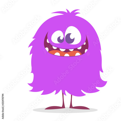 Cute cartoon monster smiling. Vector illustration of purple hairy monster. Halloween design