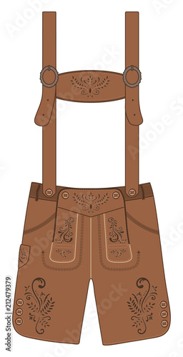 Traditional austrian and bavarian lederhosen (leather pants) decorated with floral embroidery. Oktoberfest outfit. Vector hand drawn illustration. photo