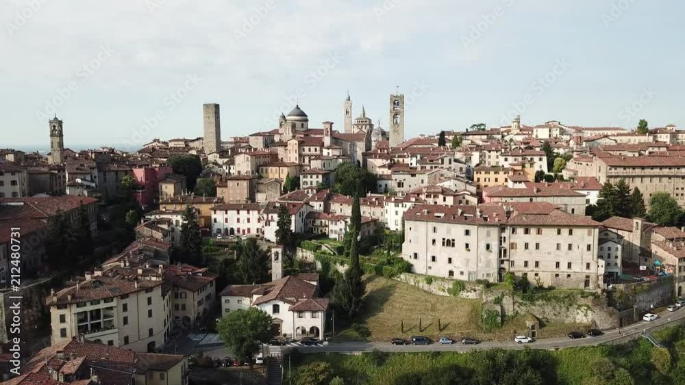 Drone aerial view of Bergamo - Old city. One of the beautiful town in Italy. Landscape to the city center and its historical buildings Drone aerial view of Bergamo - Old city. One of the beautiful town in Italy. Landscape to the city center and its historical buildings