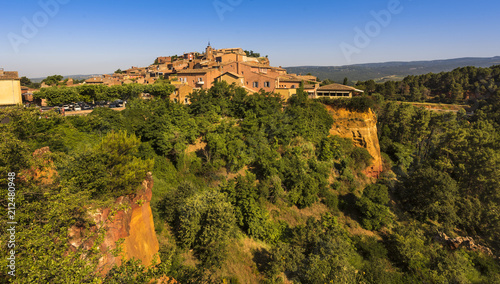 View of Roussillon with ocher cliffs. Vaucluse, Provence, France