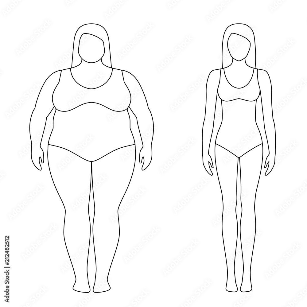 Contoured illustration of a woman before and after weight loss. Female body. Successful diet and sport concept. Slim and fat girls.