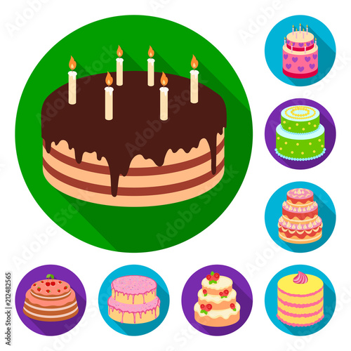Cake and dessert flat icons in set collection for design. Holiday cake vector symbol stock web illustration.