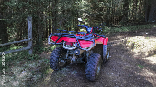 red quad bike in the forest  close-up