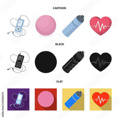 Player, a bottle of water and other equipment for training.Gym and workout set collection icons in cartoon,black,flat style vector symbol stock illustration web. photo