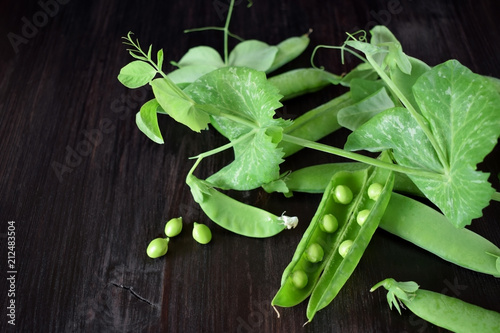 Green pea pods against the dark background