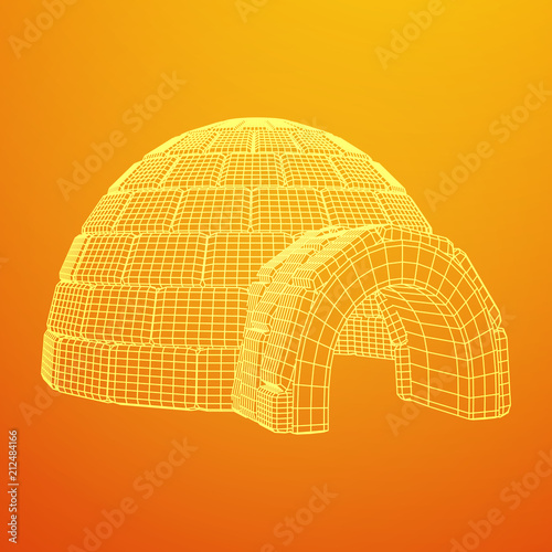 Igloo icehouse. Snowhouse or snowhut. Eskimo shelter built of ice. Wireframe low poly mesh vector illustration