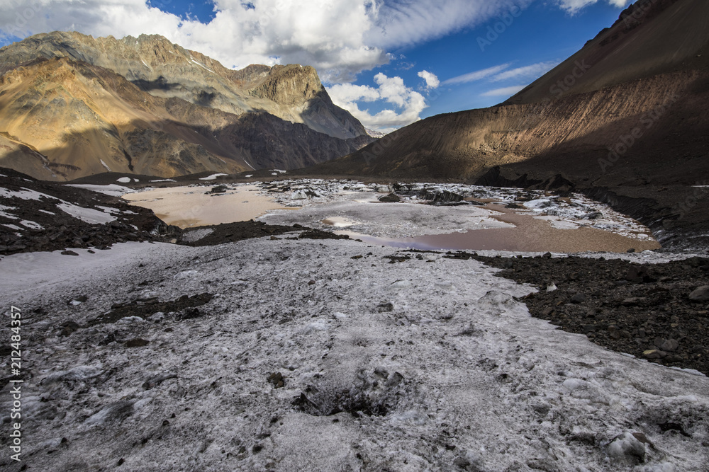 Glaciers and crevasses inside Cajon del Maipo valley at central Andes an amazing place if you are visiting Santiago de Chile