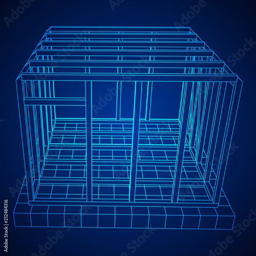 Abstract architecture building. Plan of modern framing house. Wireframe low poly mesh construction.
