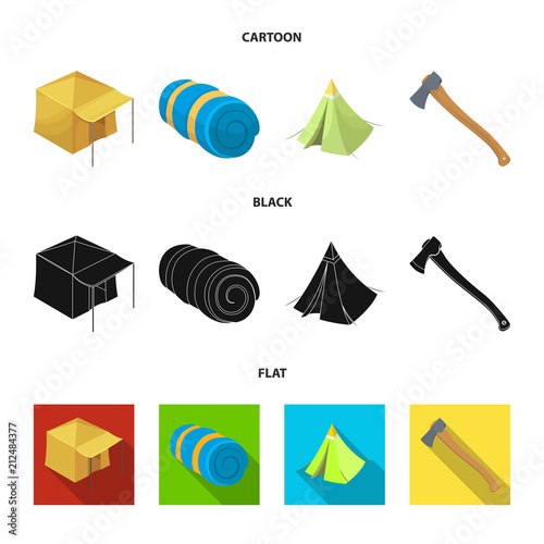 Tent with awning, ax and other accessories.Tent set collection icons in cartoon,black,flat style vector symbol stock illustration web.