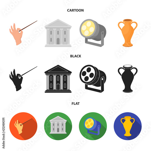 Conductor baton, theater building, searchlight, amphora.Theatre set collection icons in cartoon,black,flat style vector symbol stock illustration web.